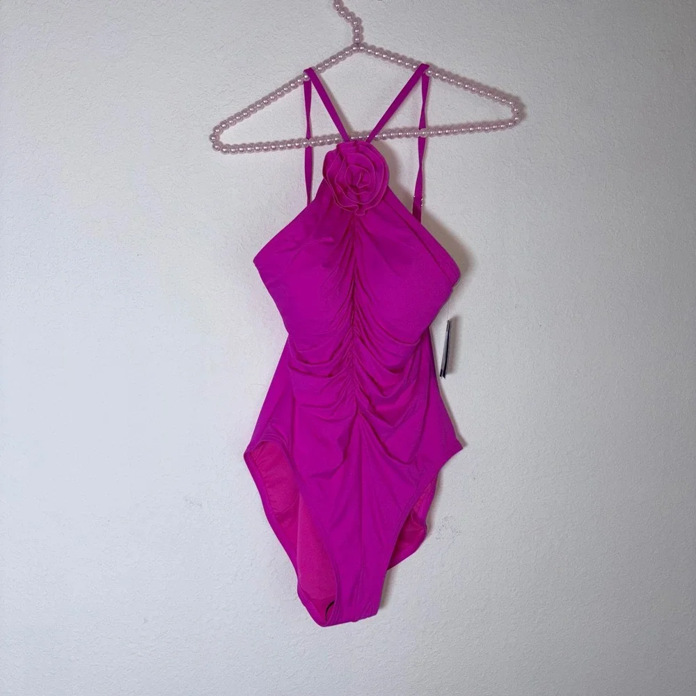 Kate Spade one Piece Swimsuit Medium snap dragon New Ruched Rosette High Neck